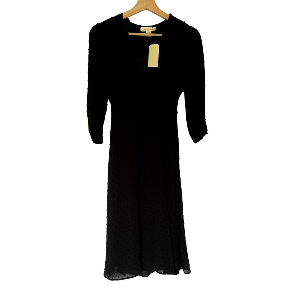Monteau Shirred Wrap Midi Dress S Black Womens Swiss Dot 3/4 Sleeve